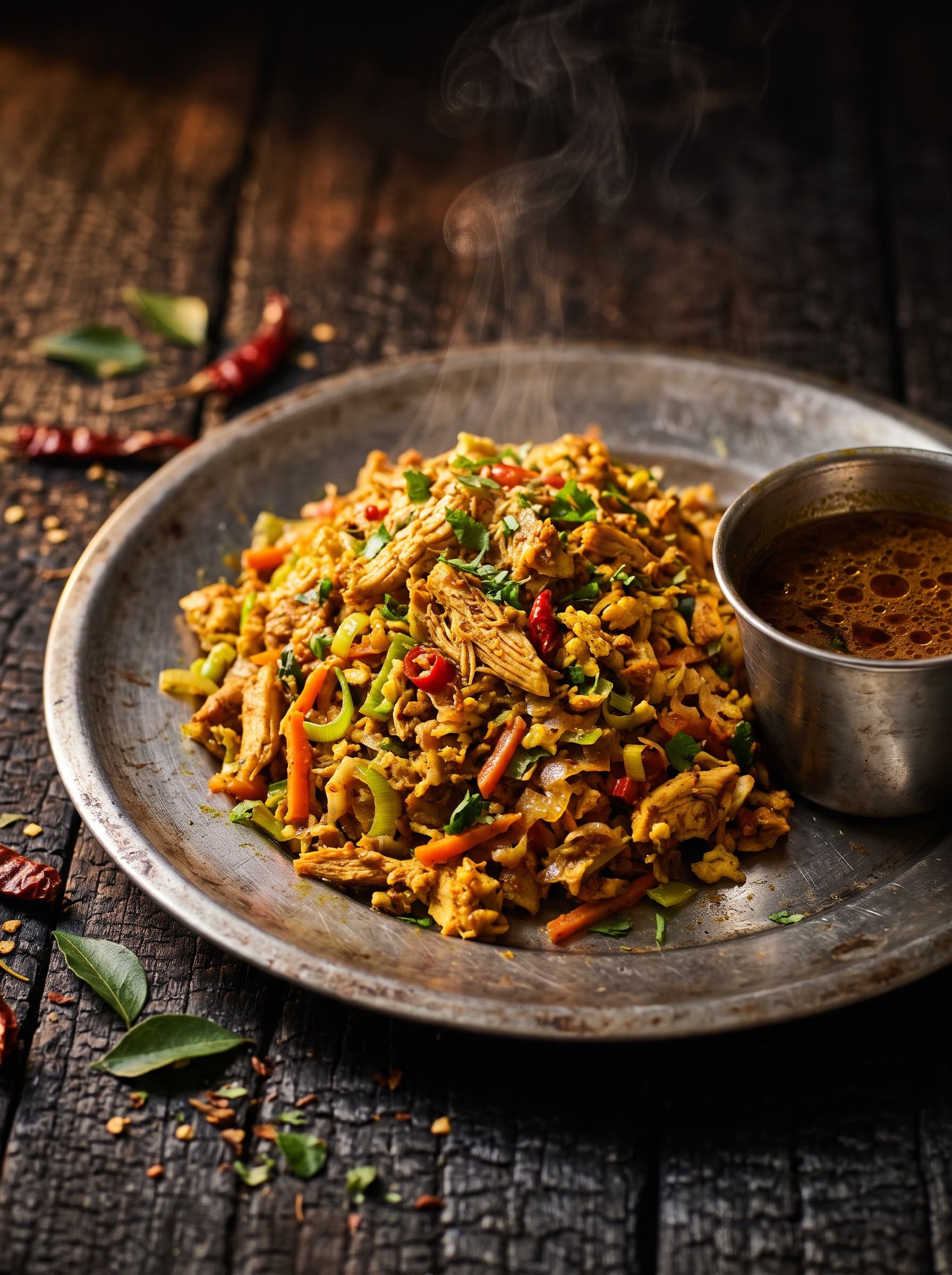 Chicken kottu roti piled on a steel plate with a cup of curry gravy