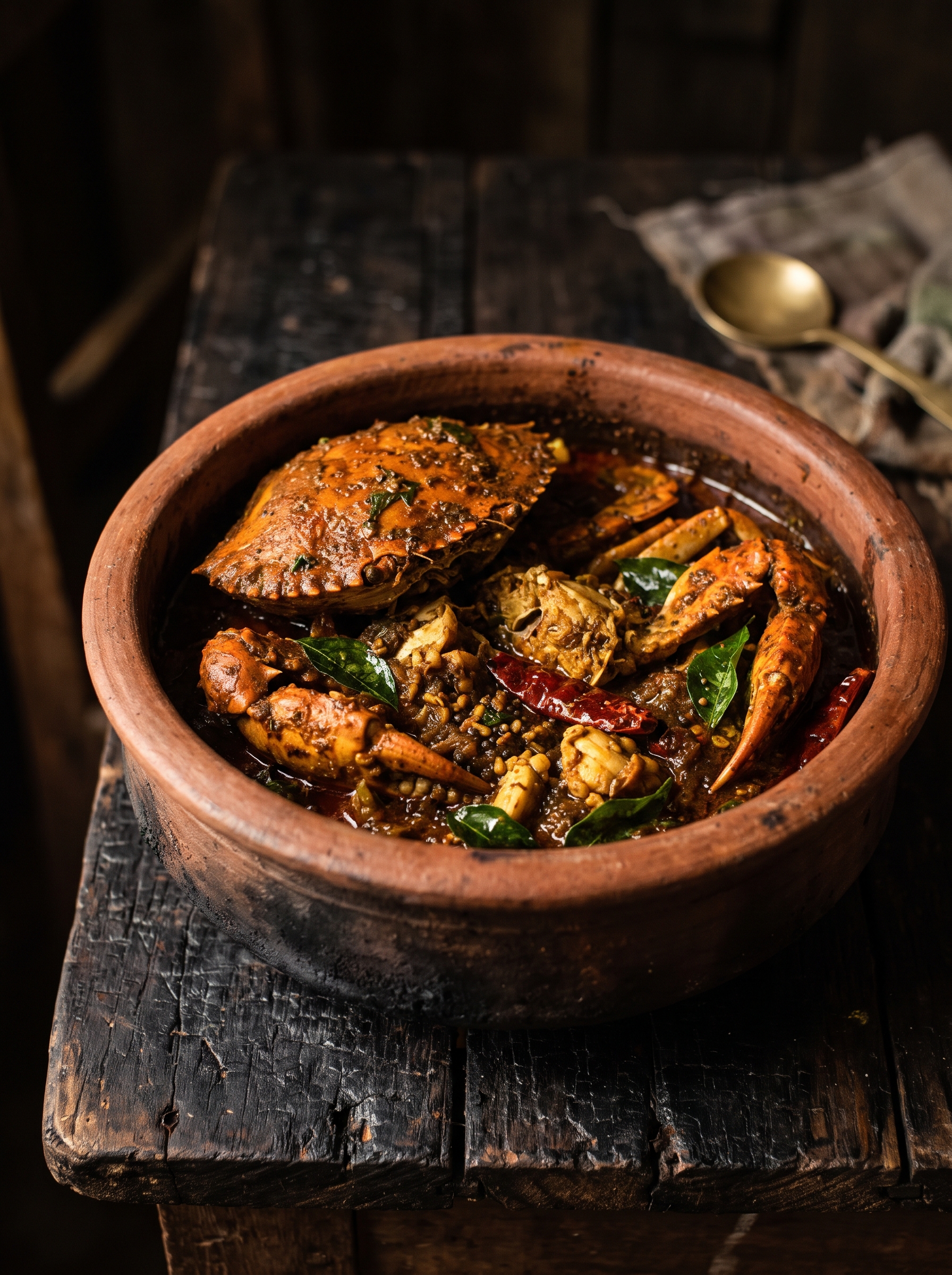Jaffna crab curry with curry leaves and dried chilies in a terracotta clay pot