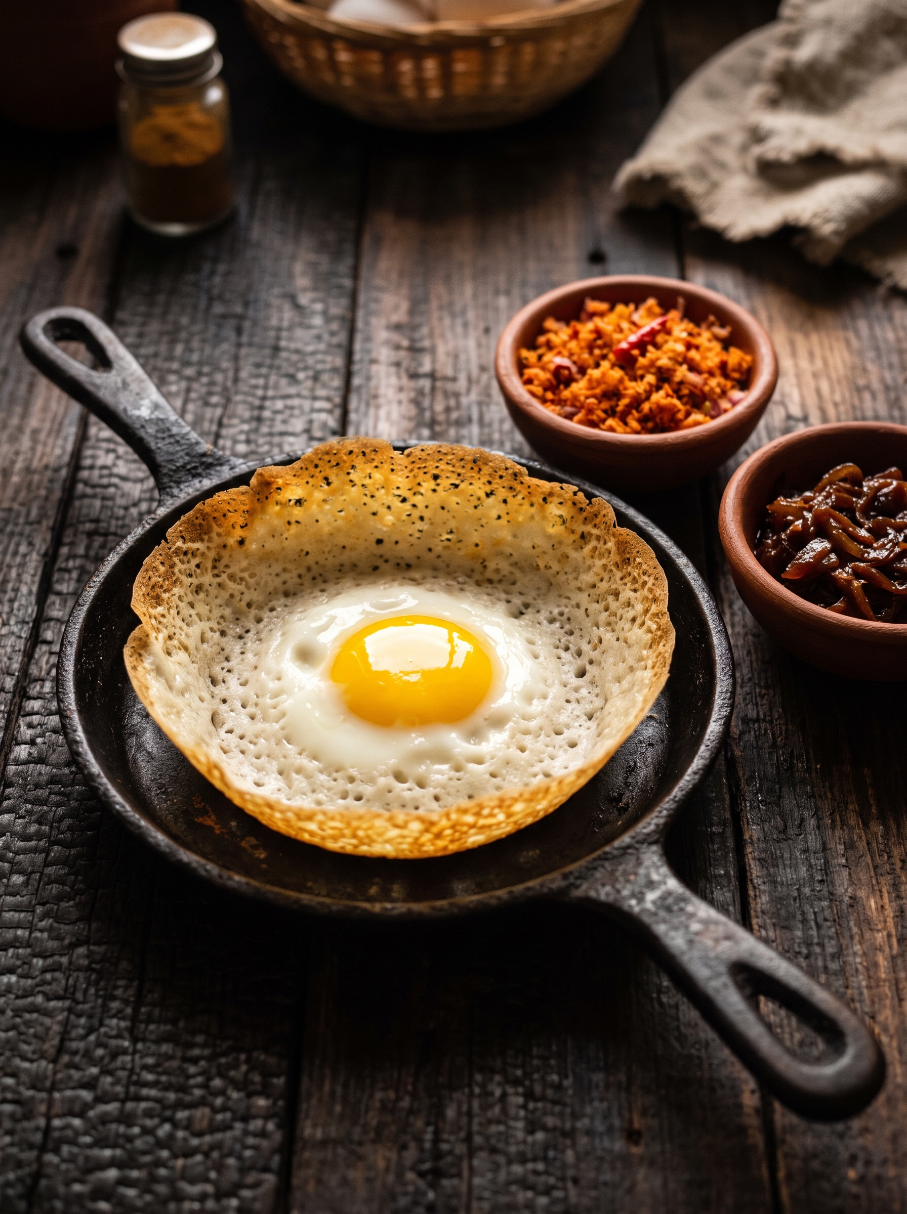 Egg hopper with lacy crisp edges and a runny egg in an iron pan, with pol sambol and seeni sambol