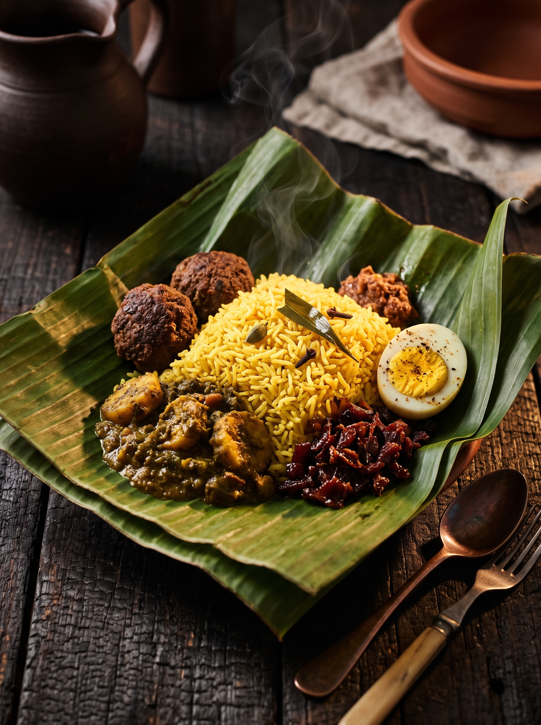 Lamprais banana leaf parcel opened to show rice, frikkadels, egg and sambols