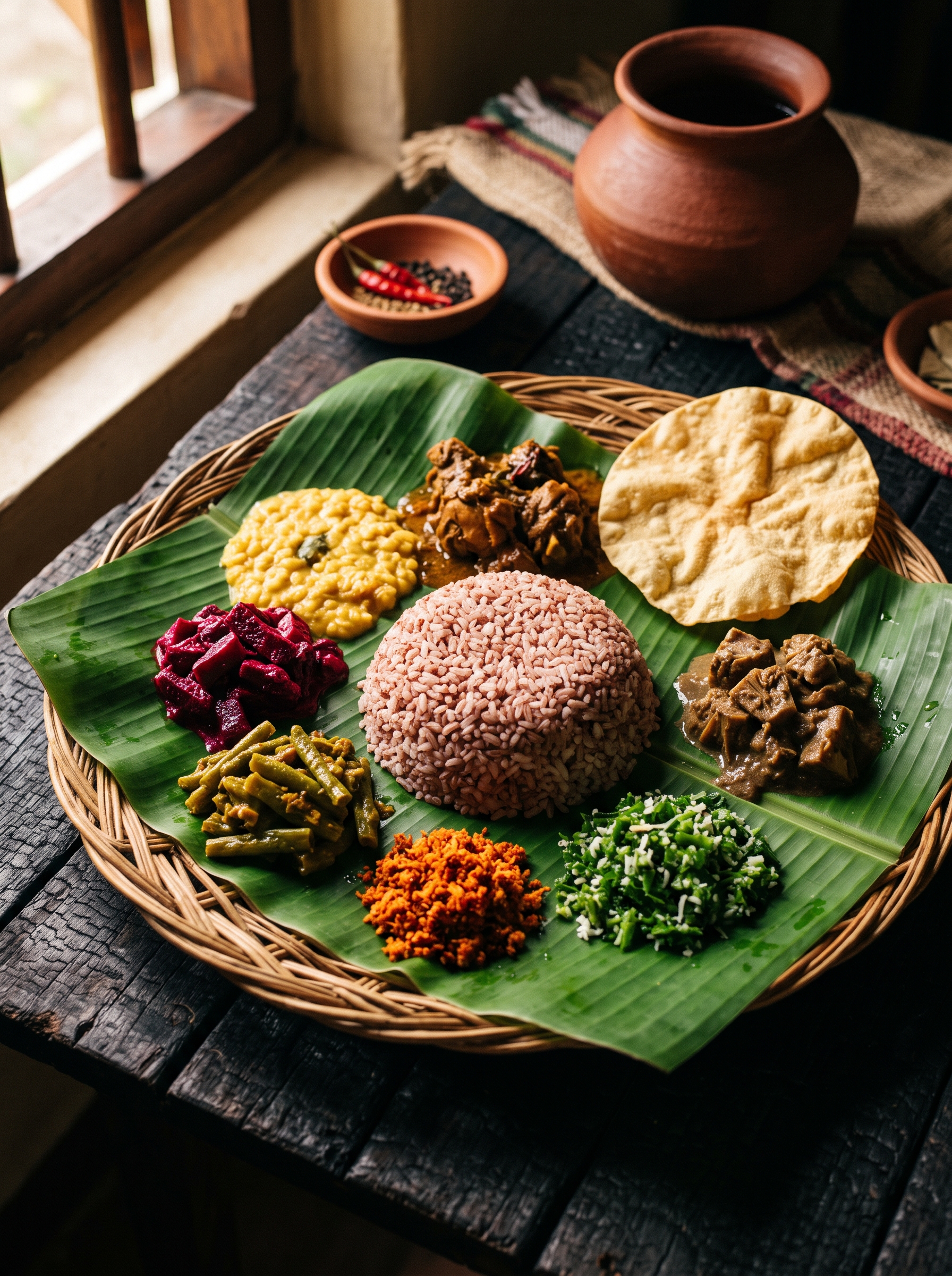Red rice on a banana leaf surrounded by five curries, papadam, pol sambol and gotukola mallum