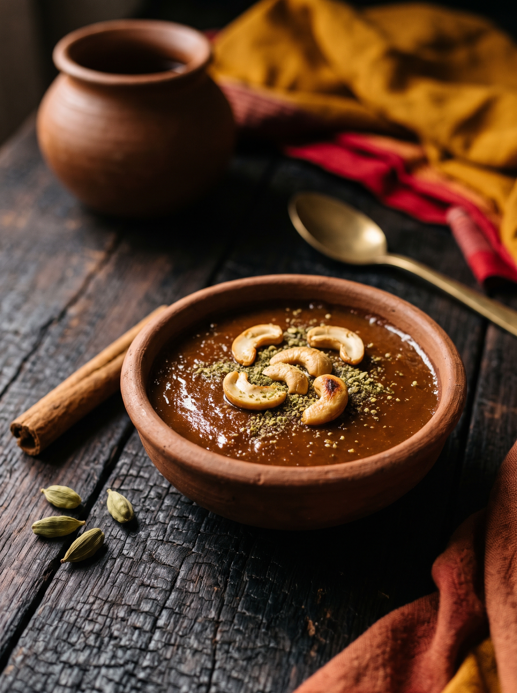 Watalappan coconut custard topped with cashews in a small clay bowl